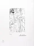 Pablo Picasso, Trei comedianţi admirând bustul Mariei Theresa (planşa 77 din suita Vollard), acvaforte