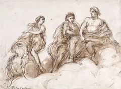 Pietro da Cortona, Zeus, Hera, şi Atena, cerneală brună şi laviu