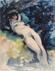 Abel Bertram, Nud pe divan, acuarelă şi cărbune pe hârtie
