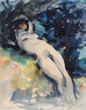 Abel Bertram, Nud pe divan, acuarelă şi cărbune pe hârtie