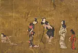 sfârșitul sec. Xix Școală japoneză, Samurai făcând curte unor tinere gheișe, xilogravură nishiki-e