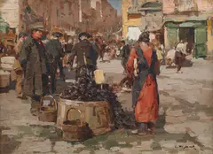 Gustavo Pisani, Vânzătorul de stridii în piața din Napoli, ulei pe lemn