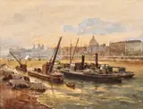 Albert Nikolayevitch Benois, Dimineață pe Sena, 1920, acuarelă și accente de guașă pe hârtie