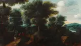 Paul Bril, Peisaj de pădure cu călători şi şoim, ulei pe lemn