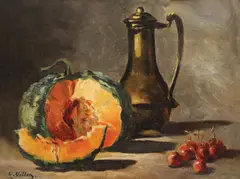 Antoine Vollon, Natură statică cu dovleac și cireșe, ulei pe pânză
