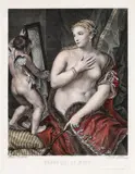 Karl Jakob Theodor Leybold, Venus admirându-se în oglindă (după o pictură de Titian), gravură cu dăltița, acvaforte în culori