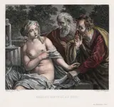 Pierre Guillame Alexandre Beljambe, Susana și cei doi bătrâni (după o pictură de Guido Reni), gravură cu dăltița, acvaforte în culori