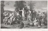Raffael Sanzio Morghen, Apollo, Mnemosyne şi cele nouă muze (după o pictură de Anton Rafael Mengs), gravură cu dăltița și acvaforte