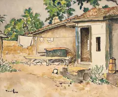 Curte la Mangalia by Nicolae Tonitza, acuarelă și tuș pe carton, sold Jan 2019