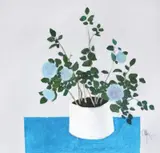 Vas cu flori albastre by Constantin Piliuță, 1992, ulei pe pânză, sold Jan 2019