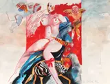 Teodora Moisescu Stendl, Exotism, 1992, acuarelă, tempera și colaj fotografic pe hârtie lipită pe carton