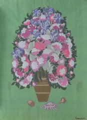 Vas cu bujori by Vasile Celmare, 2001, tempera cu emulsie pe hârtie, offered Jan 2019