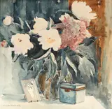 Vas cu bujori by Victoria Hudișteanu Constantinescu, 1929, acuarelă pe hârtie lipită pe carton, sold Jan 2019