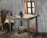 Pregătiri de masă by Rudolf Schweitzer–Cumpăna, ulei pe carton, sold Dec 2018