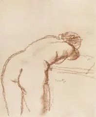 Nud cu spatele by Nicolae Tonitza, creion conté brun pe hârtie cu filigran, sold Dec 2018