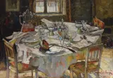 Pregătiri pentru un prânz în familie by Rudolf Schweitzer–Cumpăna, ulei pe carton, sold Dec 2018