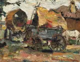 Căruță cu coviltir by Rudolf Schweitzer–Cumpăna, ulei pe carton, sold Dec 2018