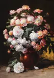 Ulcior cu bujori by Elena Müller-Stăncescu, ulei pe carton, sold Dec 2018