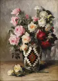 Vas cu trandafiri by Elena Müller-Stăncescu, ulei pe carton, sold Dec 2018