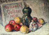 Ion Mândru, Natură statică cu fructe și statuetă orientală, 1940, ulei pe carton
