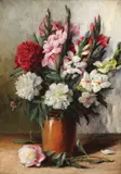 Bujori și gladiole by Elena Müller-Stăncescu, ulei pe carton, sold Dec 2018