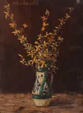Vas popular cu forsiţia by Octav Băncilă, ulei pe carton, sold Dec 2018