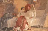 Rugăciunea de seară by Ignat Bednarik, acuarelă şi creion pe hârtie lipită pe carton, sold Dec 2018