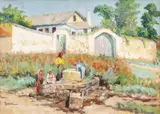 Tătăroaice la cișmea by Constantin Isachie Popescu, ulei pe carton, sold Dec 2018