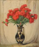 Garoafe roșii by Kimon Loghi, ulei pe carton, sold Dec 2018