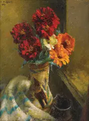 Crizanteme by Leon Biju, 1955, ulei pe carton, sold Dec 2018