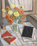 Natură statică cu cârciumărese şi călimară by Theodor Pallady, 1940, ulei pe carton, sold Dec 2018