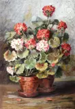 Muşcate by Elena Müller-Stăncescu, ulei pe carton, sold Dec 2018