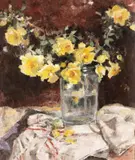 Vas cu trandafiri galbeni by Nicolae Enea, ulei pe carton, sold Dec 2018