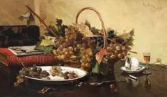 Theodor Aman, Natură statică cu struguri, cărți și pahar de coniac, 1880, ulei pe pânză