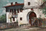Intrarea Mănăstirii Viforâta by Gheorghe Petrașcu, ulei pe carton, sold Dec 2018