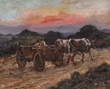 Întoarcerea de la câmp, pe asfințit by Octav Băncilă, ulei pe pânză, sold Dec 2018
