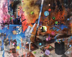 Andrada Feșnic, Doctor, I see spots! ... Can I play with them?, 2018, ulei și spray de graffiti pe pânză