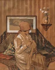 Cusătoreasă by Gheorghe Chirovici, acuarelă, creion şi accente de guaşă  pe hârtie, sold Nov 2018