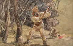 Tăietorul de lemne by Ignat Bednarik, acuarelă pe carton subțire, sold Nov 2018