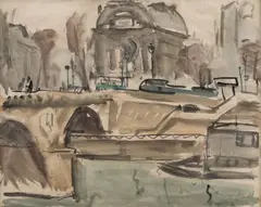 Pod peste Sena by Max W. Arnold, acuarelă si creion pe hârtie, offered Nov 2018