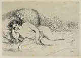 Nud pe divan by Pierre-Auguste Renoir, acvaforte pe hârtie gălbuie vărgată, sold Nov 2018