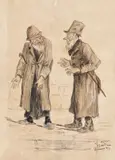 Constantin Jiquidi, Evrei la taifas, 1889, creion şi acuarelă pe hârtie lipită pe carton