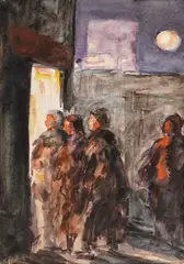 Intrarea la biserică by Samuel Mützner, acuarelă şi creion pe hârtie lipită pe carton, offered Nov 2018