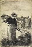 Camille Pissarro, Strânsul fânului, acvaforte pe hârtie gălbuie vărgată