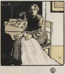 Cusătoreasă by Emil Orlík, gravură în lemn în culori, offered Nov 2018