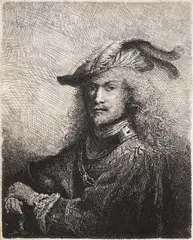 Ferdinand Bol, Autoportret, acvaforte şi gravură cu dăltiţa pe hârtie gălbuie vărgată
