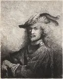 Ferdinand Bol, Autoportret, acvaforte şi gravură cu dăltiţa pe hârtie gălbuie vărgată