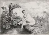 Pierre Aveline, Venus la baie cu tolba de săgeţi a lui Amor (după o pictură de Jean-Antoine Watteau), acvaforte şi gravură cu dăltiţă pe hârtie vărgată