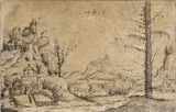 Augustin Hirschvogel, Peisaj către cetate, acvaforte pe hârtie gălbuie