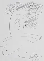Bust de femeie by Jacques Hérold, 1979, tuş pe hârtie, sold Nov 2018